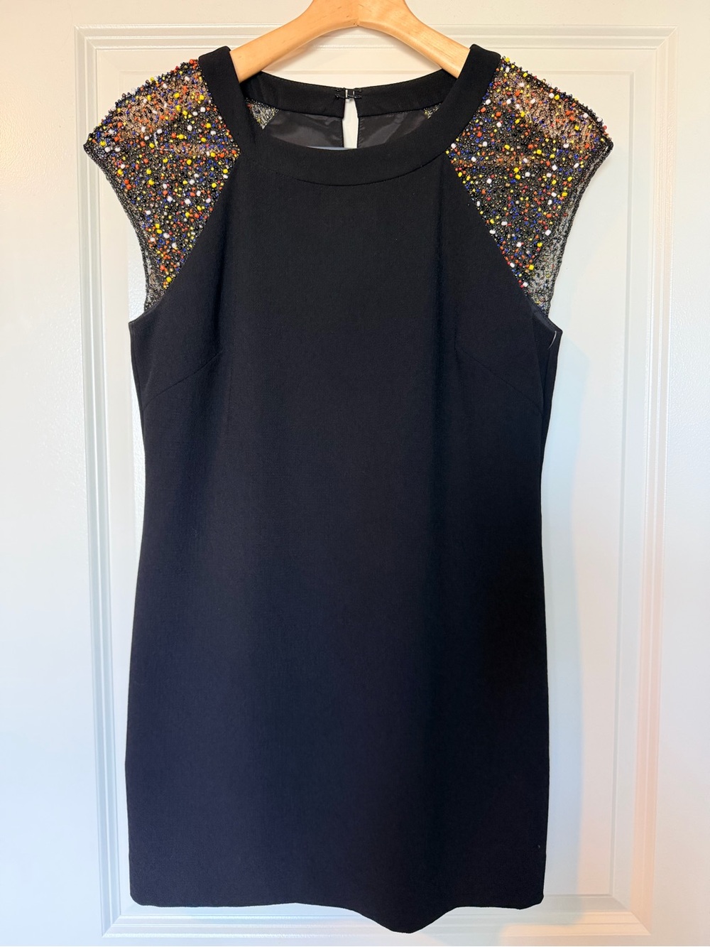 Trina Turk Black Beaded Shoulder Shift Dress 6